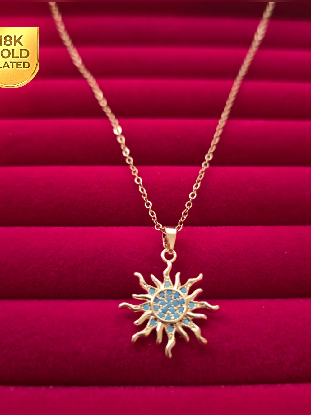 18K Gold Plated Sunburst Pendant Necklace with Blue‎ Accent Summer Jewelry B003